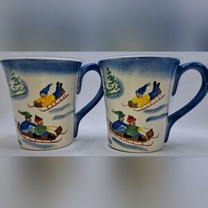 Eddie Bauer Home Since 1920 Painted Winter / Holiday Scenes Pair Of Coffee Mugs
